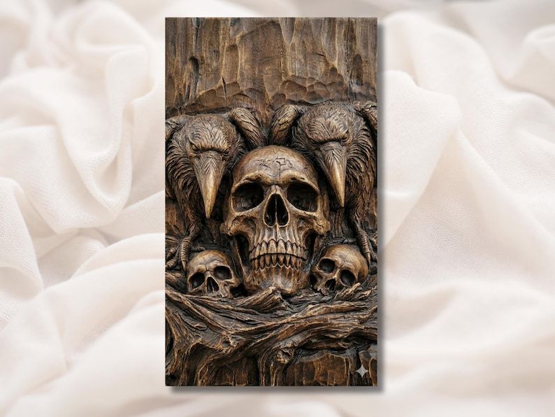 Carved wood relief of two ravens flanking a human skull with smaller skulls among twisted roots