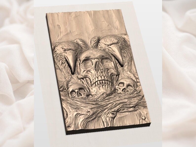 Raven Skull Relief: Two Crows Guarding a Human Skull STL bas-relief STL — view 2