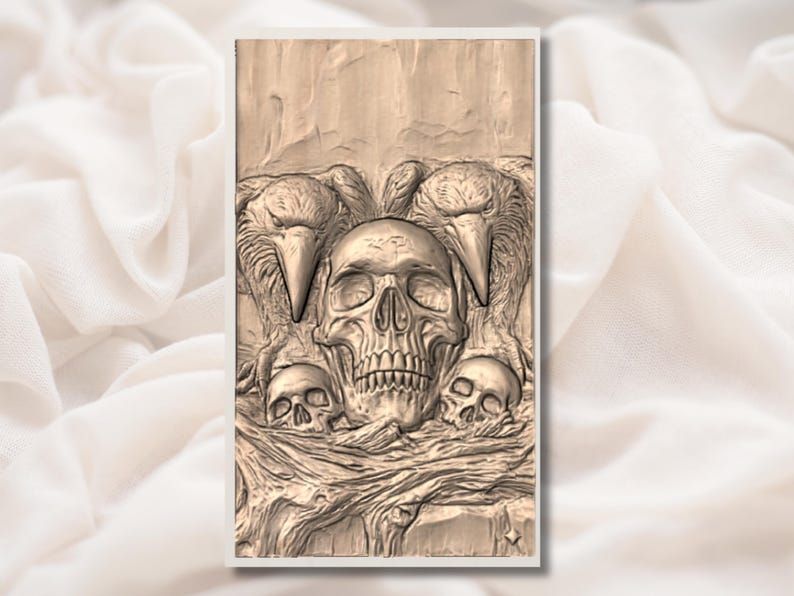 Raven Skull Relief: Two Crows Guarding a Human Skull STL bas-relief STL — view 3