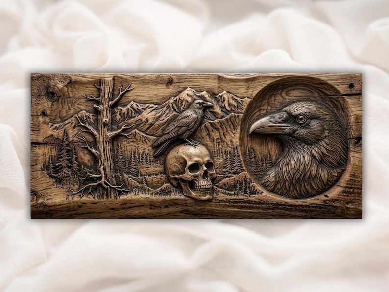 Bas-relief carving of a raven on a skull with a second raven, dead tree, mountains, and pine forest in wood.