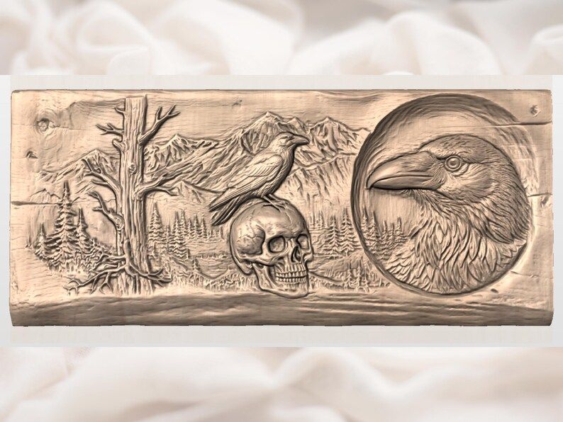 Raven, Skull and Mountain Forest Bas-Relief Scene STL bas-relief STL — view 2