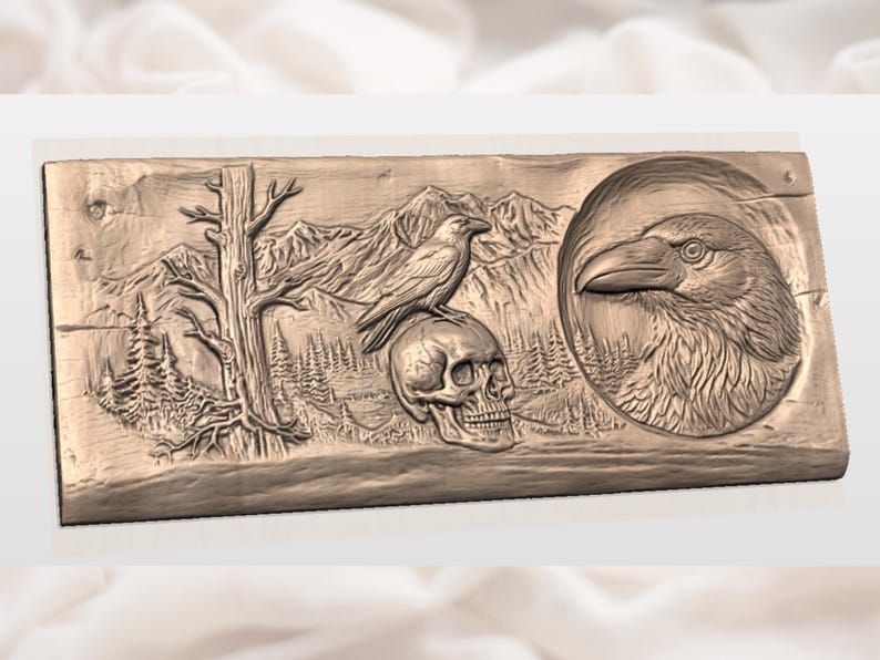 Raven, Skull and Mountain Forest Bas-Relief Scene STL bas-relief STL — view 3