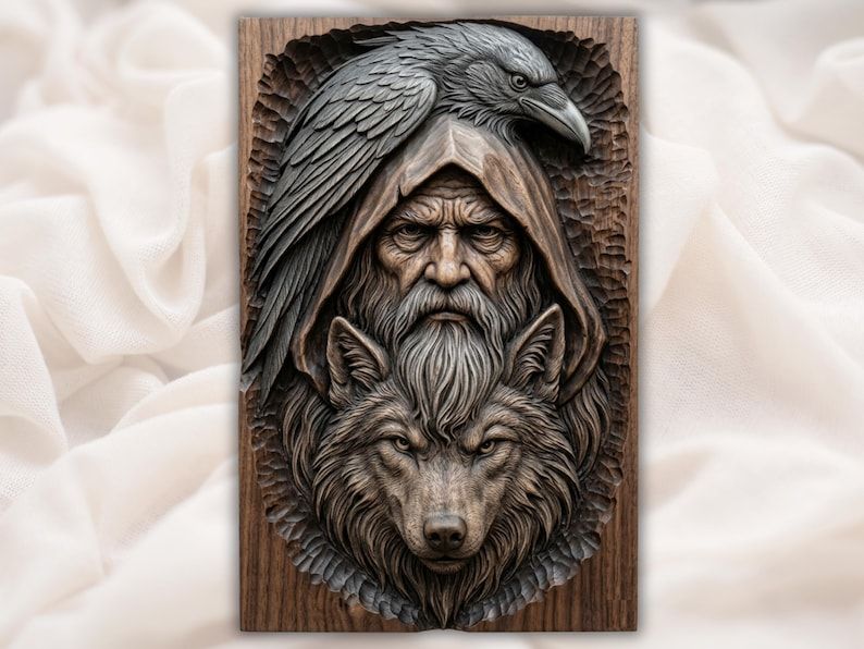 Bas-relief carving of a hooded Norse elder with a raven above his head and a wolf face below, in dark wood.