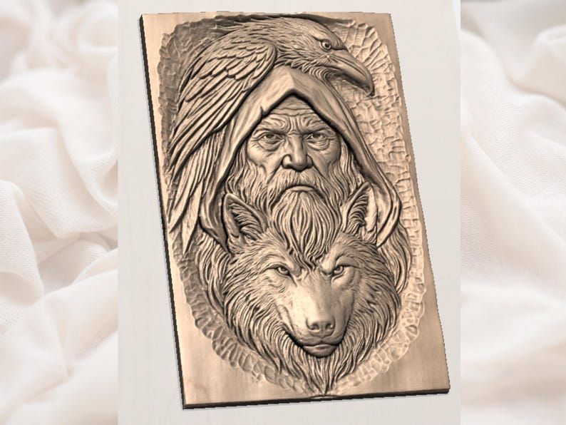 Odin Raven and Wolf Shaman Bas Relief STL Carving bas-relief STL — view 2