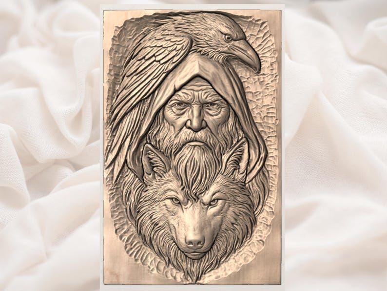 Odin Raven and Wolf Shaman Bas Relief STL Carving bas-relief STL — view 3