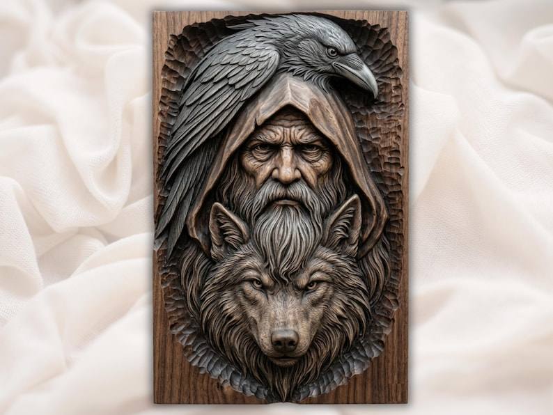 Odin Raven and Wolf Shaman Bas Relief STL Carving carved in wood