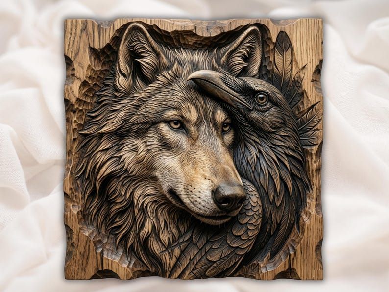 Carved wood bas-relief of a wolf head paired with a raven, layered fur and feathers on a recessed panel