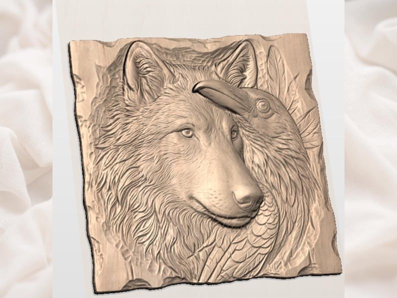 Wolf and Raven Bas-Relief STL for CNC Carving and 3D Printing bas-relief STL — view 2