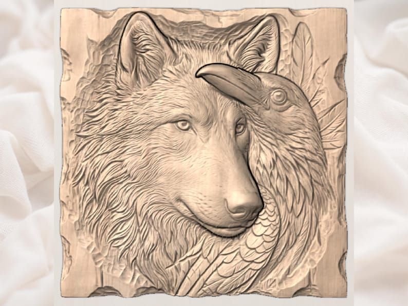 Wolf and Raven Bas-Relief STL for CNC Carving and 3D Printing bas-relief STL — view 3