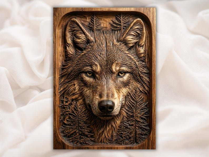 Carved wood bas-relief of a wolf face surrounded by pine trees in a recessed panel.