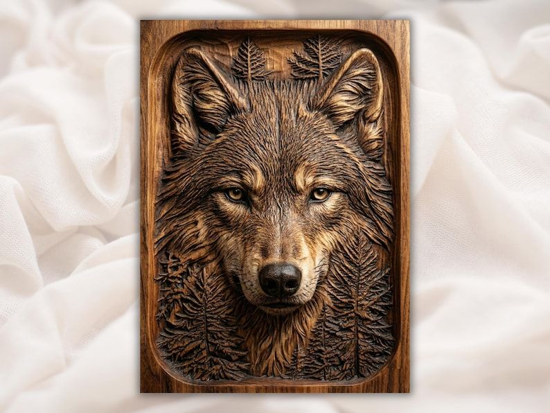 Wolf Face in the Pines Bas-Relief STL for CNC Carving bas-relief STL design