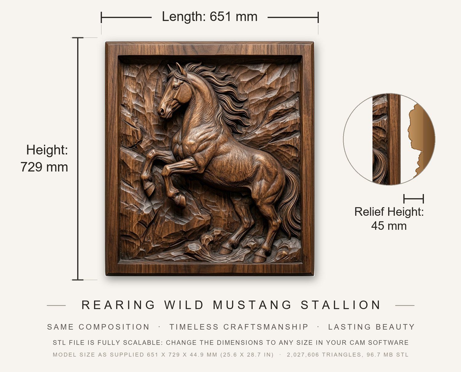 Rearing Wild Mustang Stallion CNC Relief STL bas-relief STL — view 3