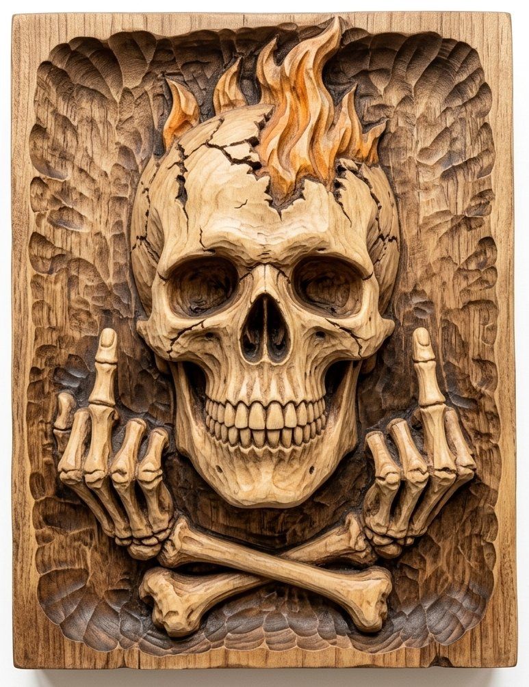 Rebel Skull Middle Finger Fire CNC Relief STL | Badass Biker Wall Art Panel | Man Cave Wood Carving Design | Aspire VCarve — carved bas relief STL file for CNC