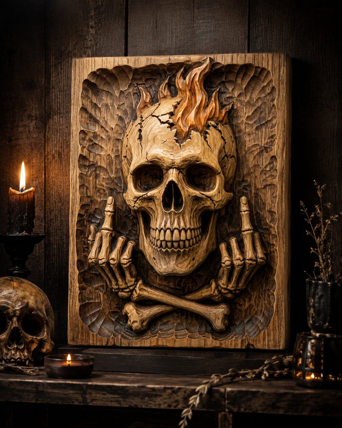 Rebel Skull Middle Finger Fire CNC Relief STL bas-relief STL — view 5
