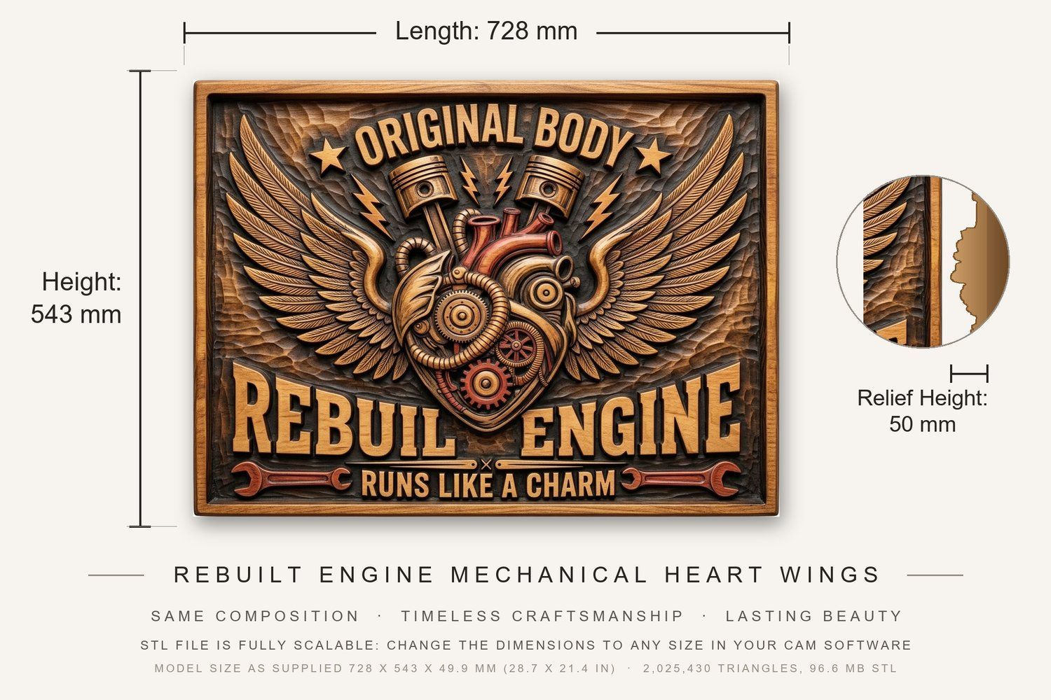 Rebuilt Engine Mechanical Heart Wings CNC Relief STL bas-relief STL — view 3
