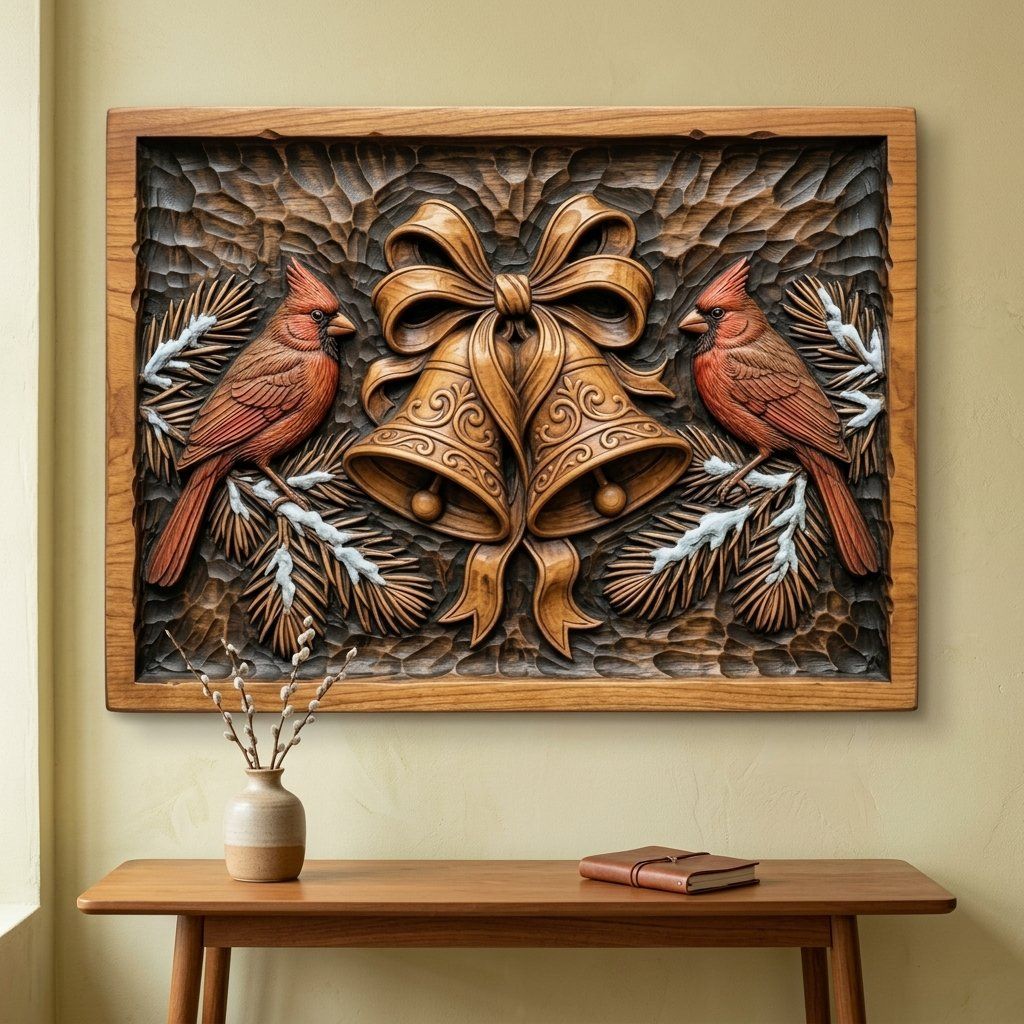 Red Cardinal Winter Birds Christmas Bell CNC Relief STL bas-relief STL — view 13
