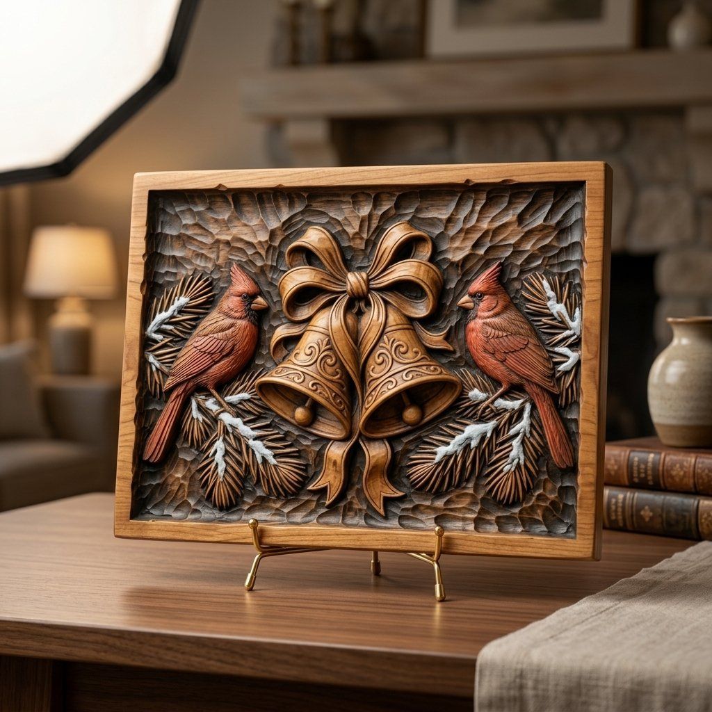Red Cardinal Winter Birds Christmas Bell CNC Relief STL bas-relief STL — view 3