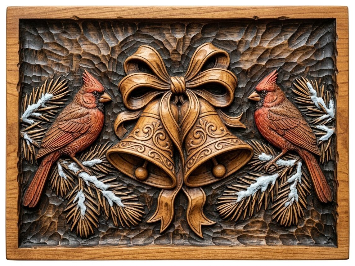 Red Cardinal Winter Birds Christmas Bell CNC Relief STL bas-relief STL — view 14