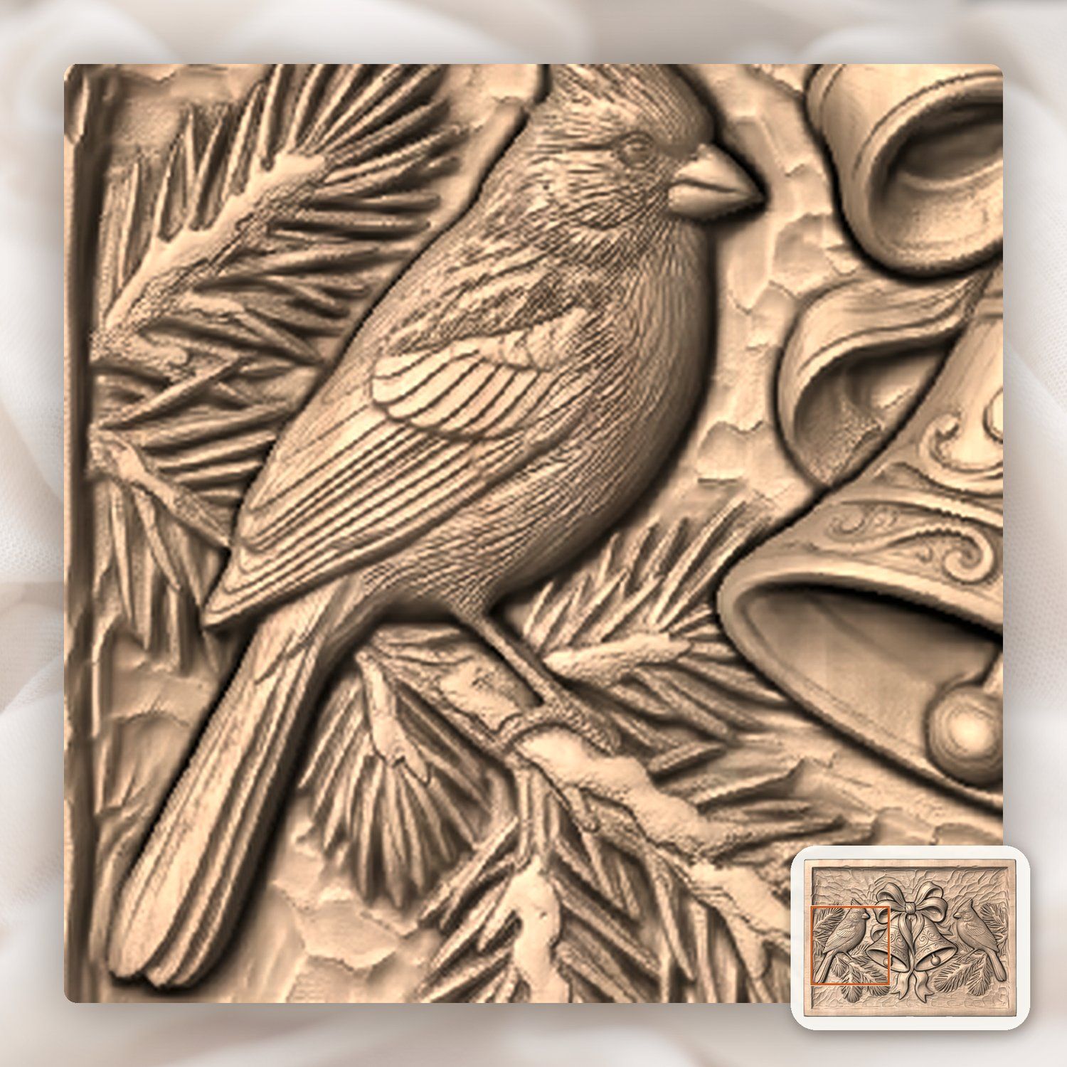 Red Cardinal Winter Birds Christmas Bell CNC Relief STL bas-relief STL — view 8
