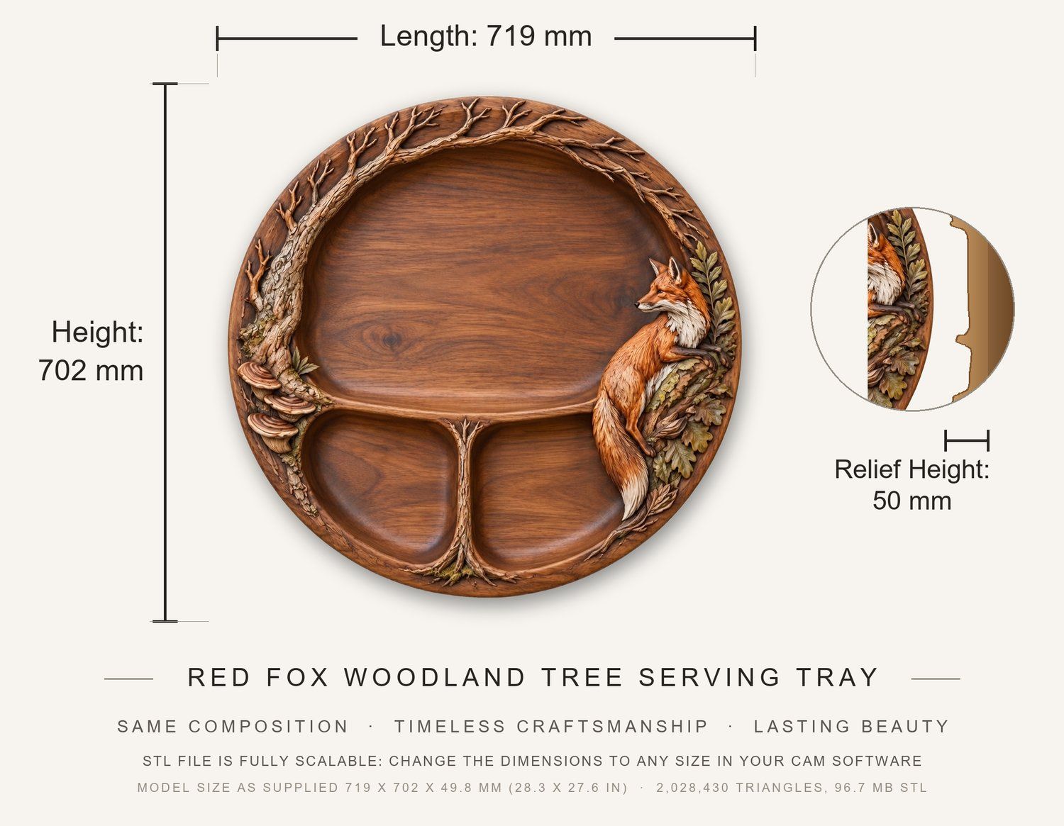 Red Fox Woodland Tree Serving Tray CNC Relief STL bas-relief STL — view 3