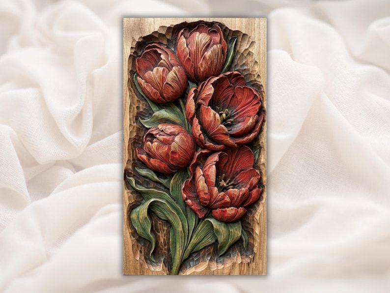 Bas-relief wood carving of five red tulips with green leaves on a rectangular panel