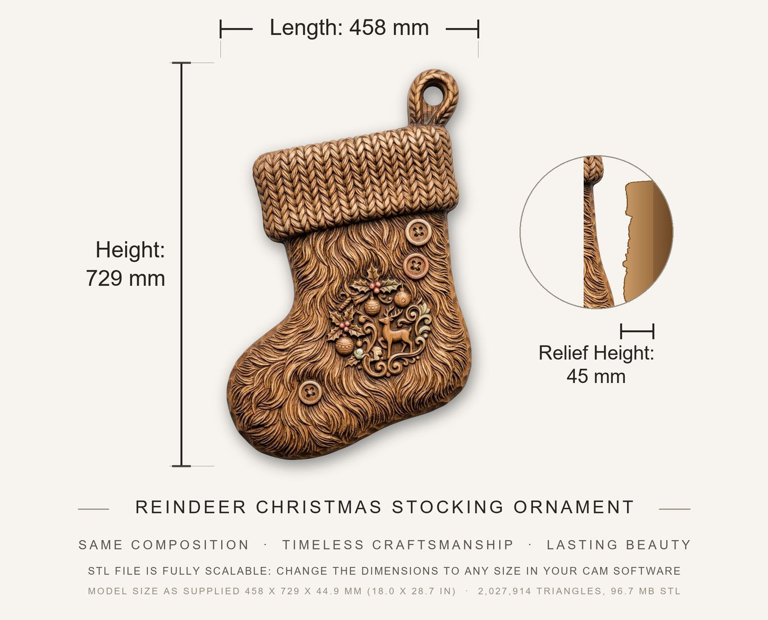 Reindeer Christmas Stocking Ornament CNC Relief STL bas-relief STL — view 3