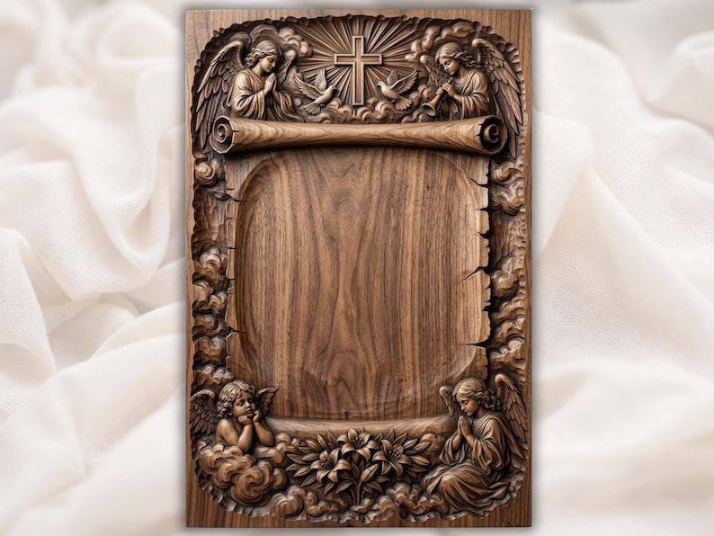 Carved wood relief of praying angels, a cross, doves, cherub, and lilies framing an open memorial plaque center.