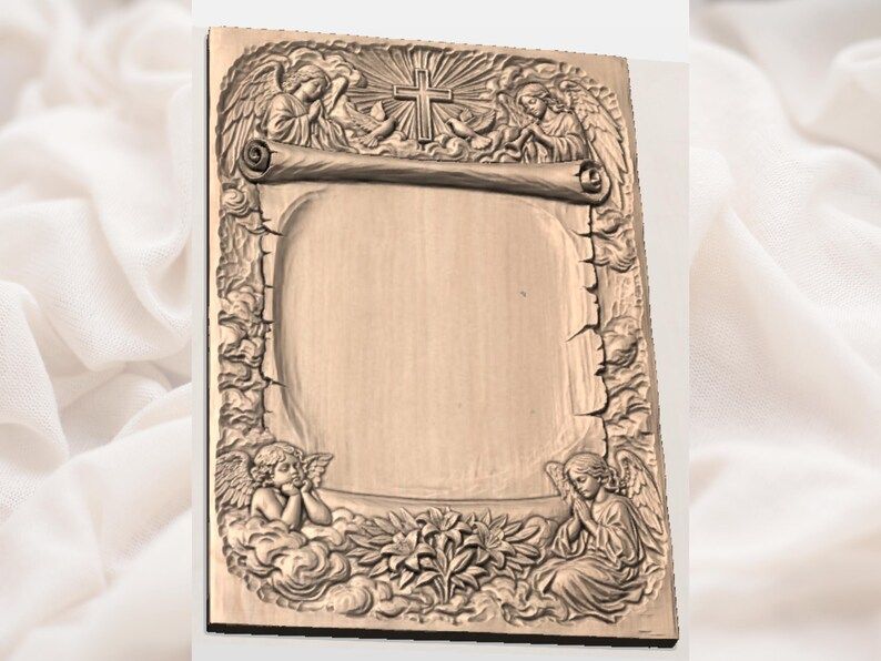 Praying Angels and Cross Memorial Plaque Frame Relief bas-relief STL — view 2