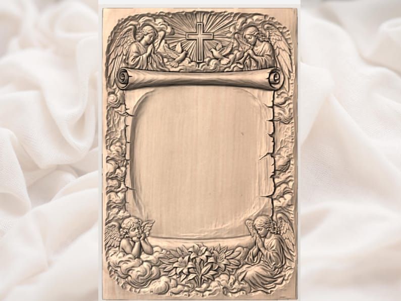 Praying Angels and Cross Memorial Plaque Frame Relief bas-relief STL — view 3