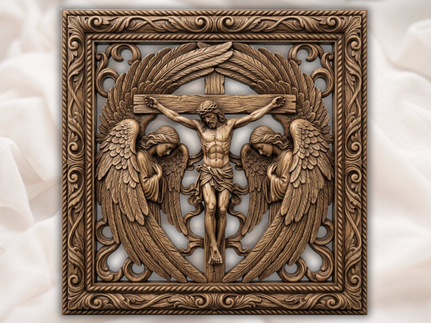 Religious Crucifixion Wall Art | Jesus Christ with Angels Relief Panel | Christian Home Decor Carving | Ornate Sacred Wood Art Design — carved bas relief STL file for CNC
