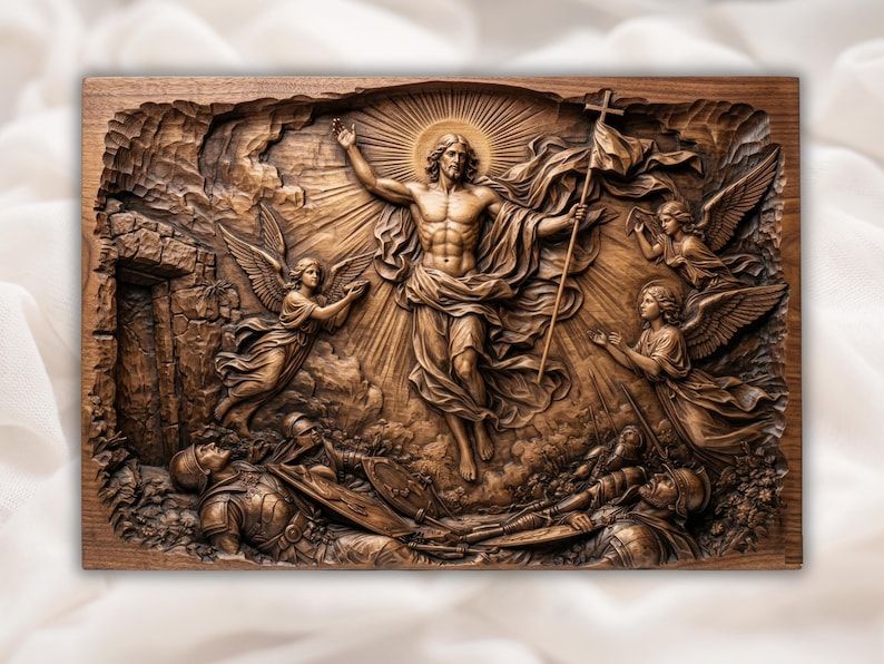 Carved wood bas-relief of the risen Christ holding a cross with angels and fallen guards by the empty tomb