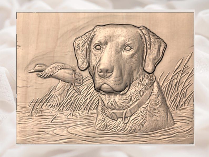 Labrador Retriever in the Marsh with Flushing Duck Relief STL bas-relief STL — view 2