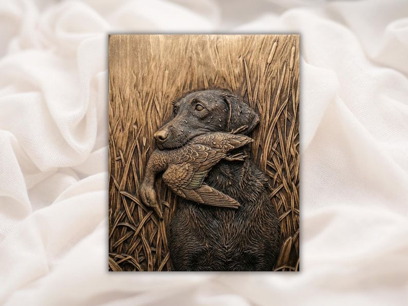 Carved wood relief of a retriever dog holding a duck in its mouth among tall marsh grass and cattails.