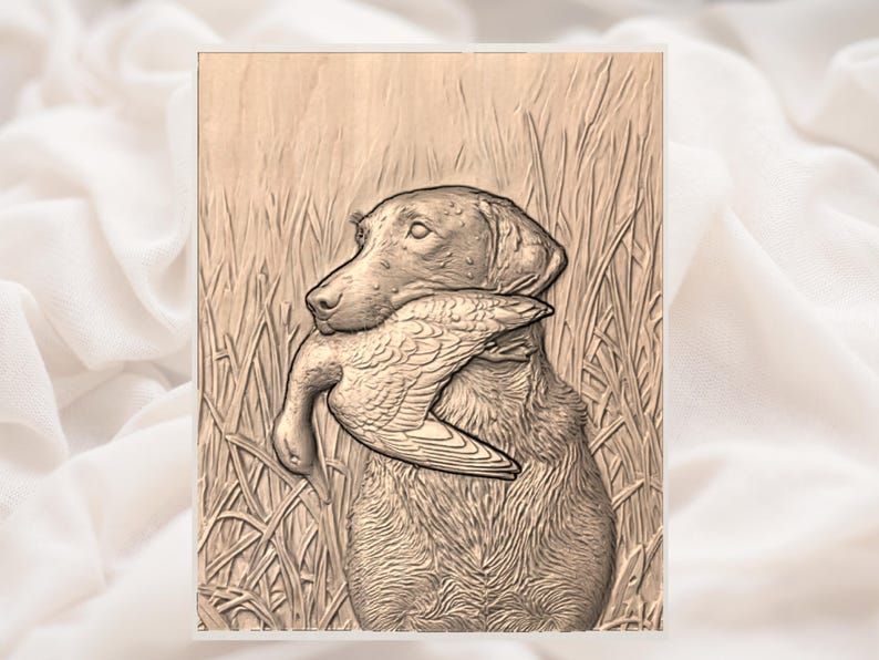 Retriever Carrying a Duck Through Marsh Grass Relief STL bas-relief STL — view 2