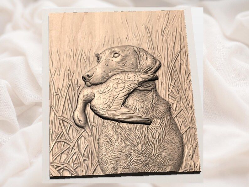 Retriever Carrying a Duck Through Marsh Grass Relief STL bas-relief STL — view 3