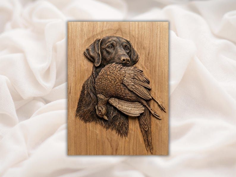 Carved wood bas-relief of a retriever dog holding a pheasant by its wing in its mouth
