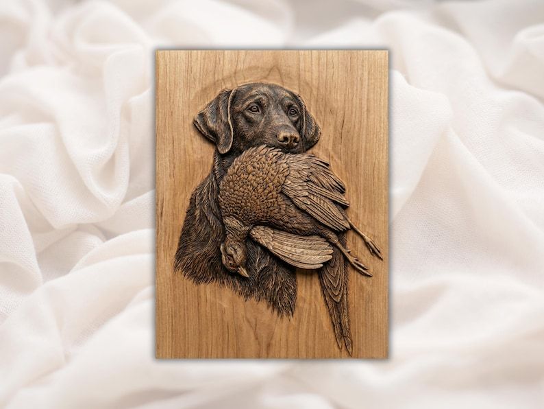 Retriever Holding a Pheasant Bas-Relief STL for CNC Carving bas-relief STL design