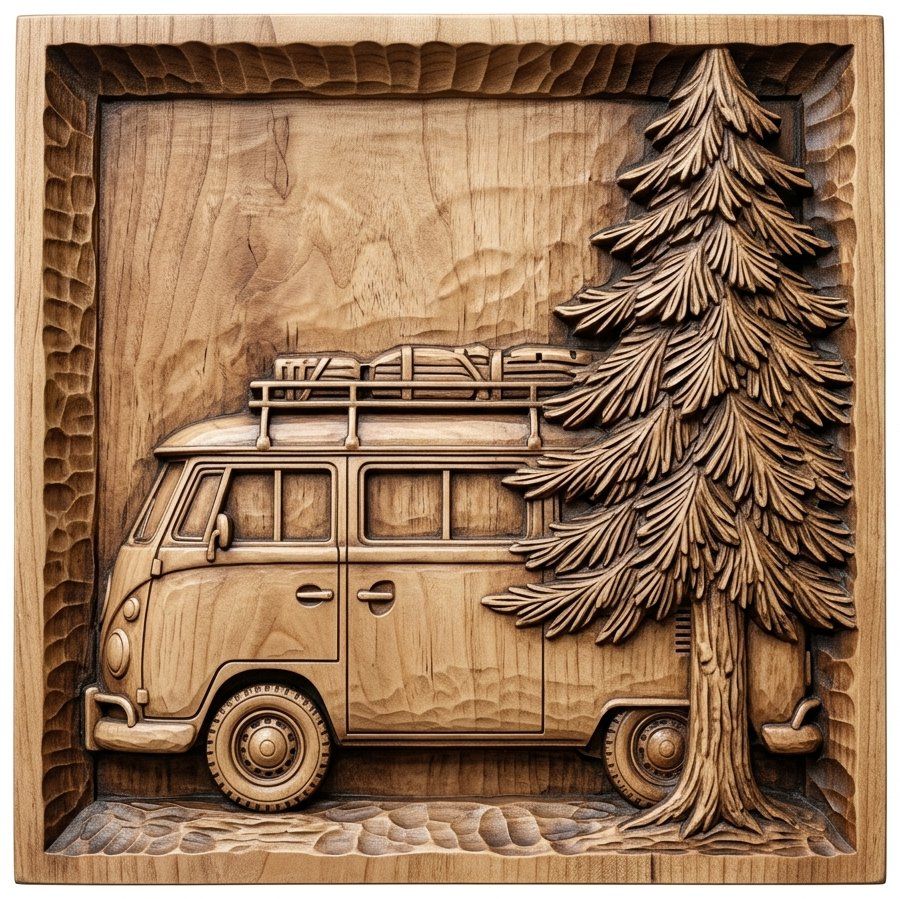 Retro Camper Van Forest Adventure CNC Relief STL | Vintage Bus Wall Art | Nature Scene Wood Carving | Aspire VCarve Pro Panel — carved bas relief STL file for CNC