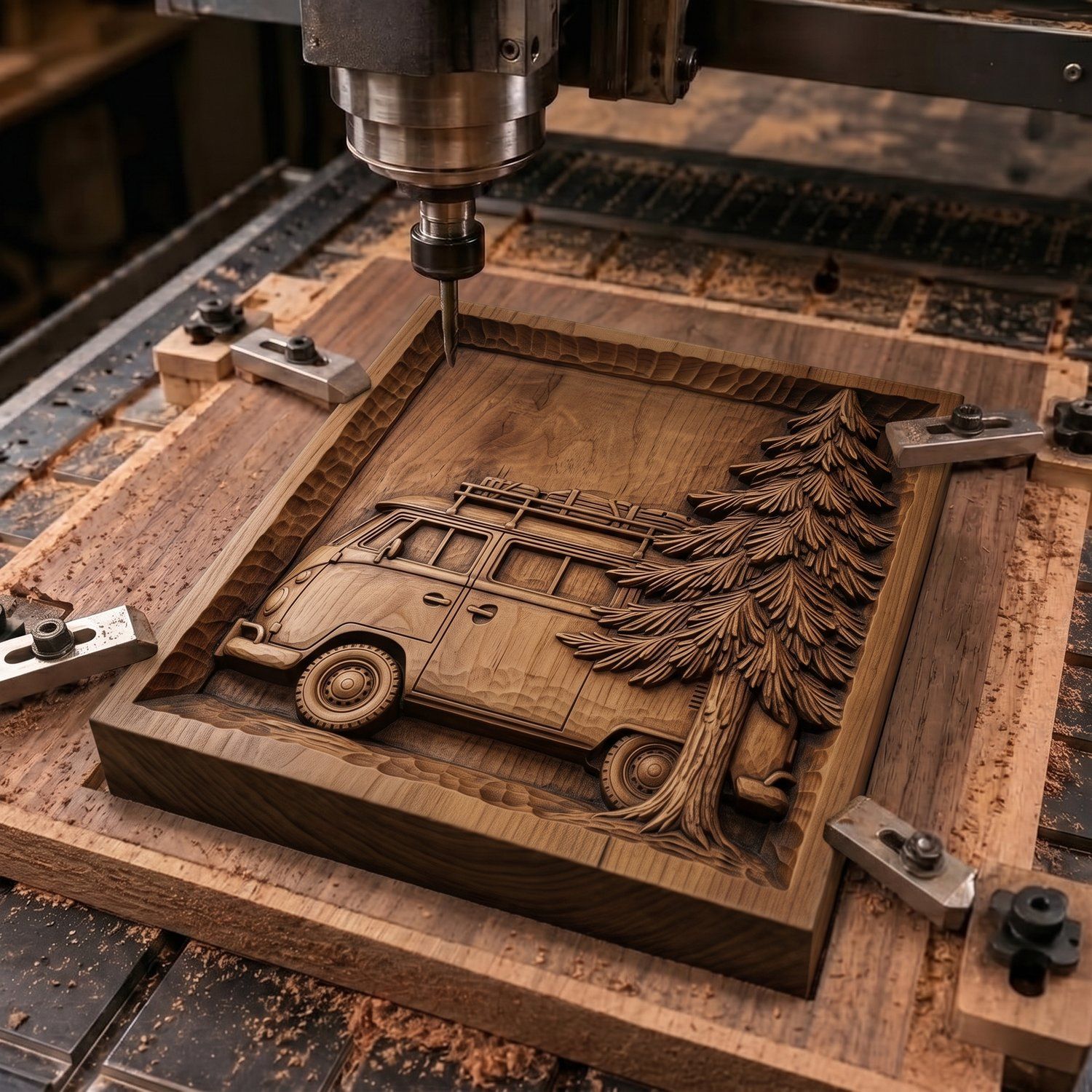 Retro Camper Van Forest Adventure CNC Relief STL bas-relief STL — view 2