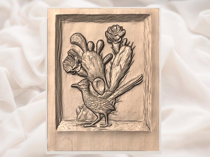 Roadrunner and Prickly Pear Cactus Desert Relief STL bas-relief STL — view 2