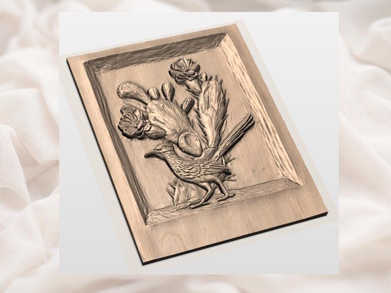 Roadrunner and Prickly Pear Cactus Desert Relief STL bas-relief STL — view 3