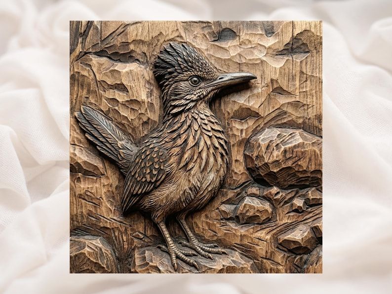 Carved wood bas-relief of a roadrunner bird standing among textured rocks with detailed feathers