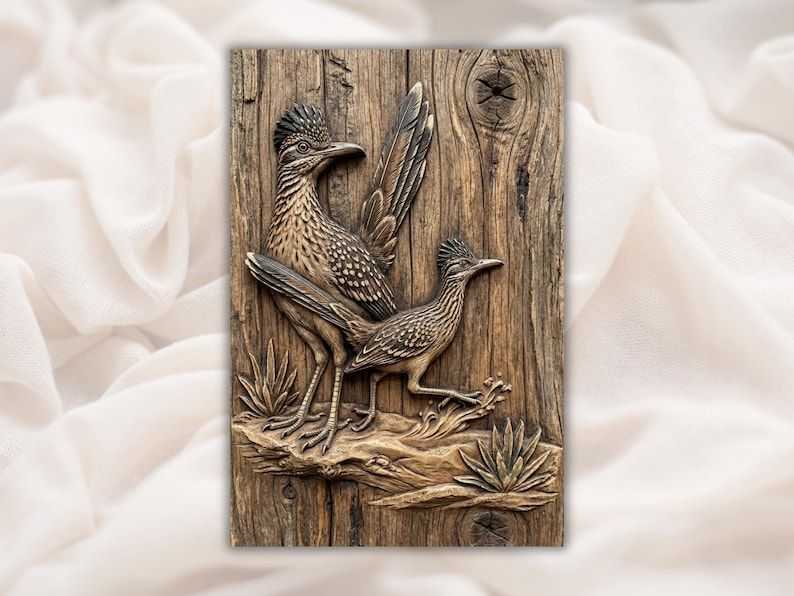 Carved wood bas-relief of two roadrunner birds on a desert branch with agave plants against wood grain