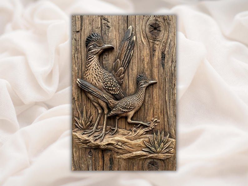 Roadrunner Pair Bas-Relief STL, Southwestern Desert Birds Panel bas-relief STL design
