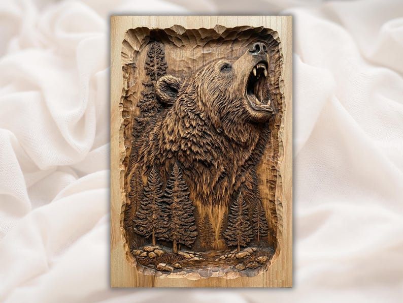 Carved wood bas-relief of a roaring grizzly bear head above pine trees and rocks on a panel