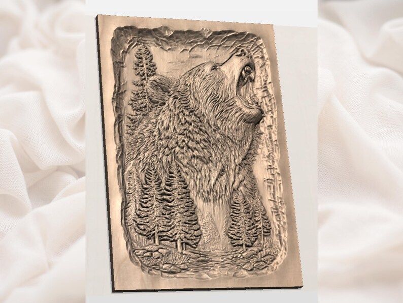 Roaring Grizzly Bear Over Pine Forest Bas-Relief STL bas-relief STL — view 2