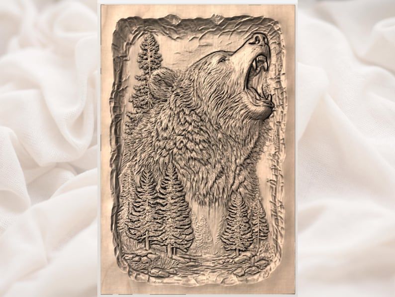 Roaring Grizzly Bear Over Pine Forest Bas-Relief STL bas-relief STL — view 3