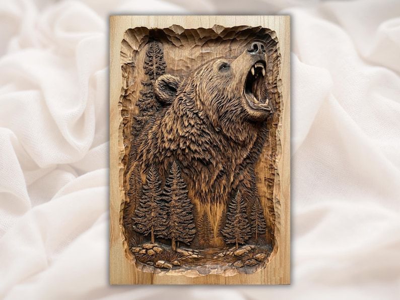 Roaring Grizzly Bear Over Pine Forest Bas-Relief STL bas-relief STL design