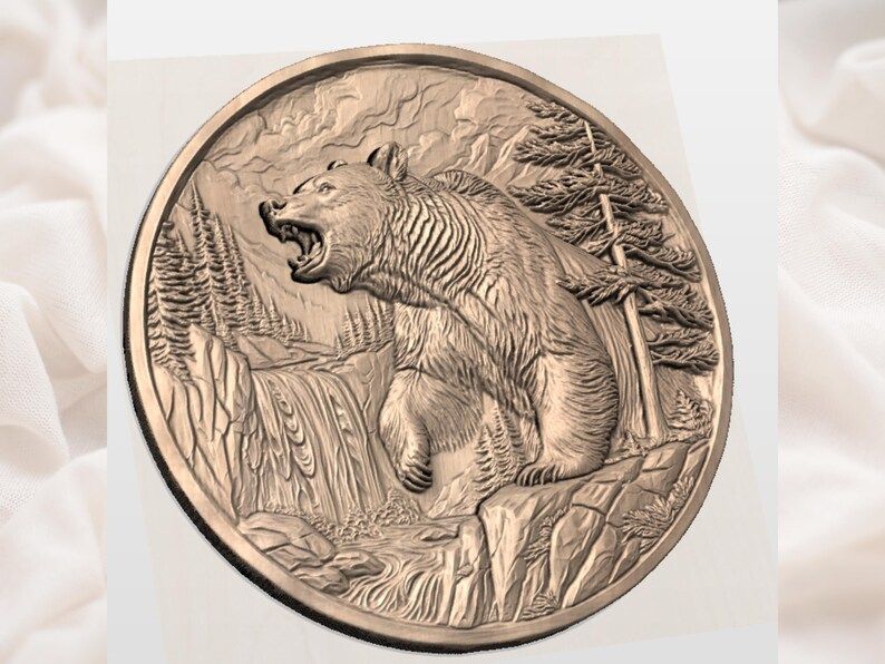 Roaring Grizzly Bear and Waterfall Round Bas-Relief STL bas-relief STL — view 2