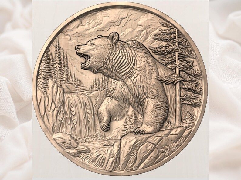Roaring Grizzly Bear and Waterfall Round Bas-Relief STL bas-relief STL — view 3